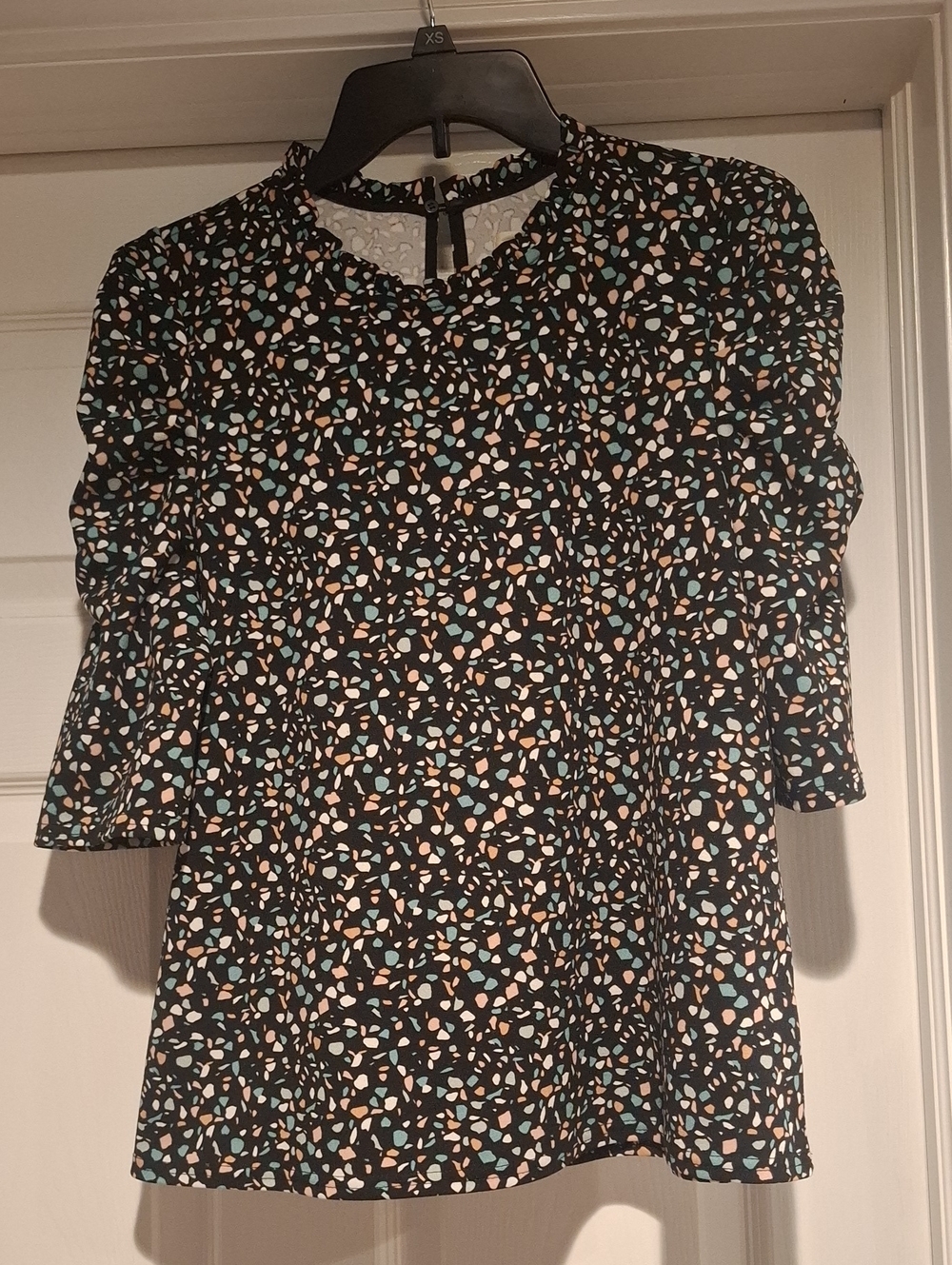 Women's Black Patterned Short-Sleeve Top with Mint Green and Peachy/Tan Accents